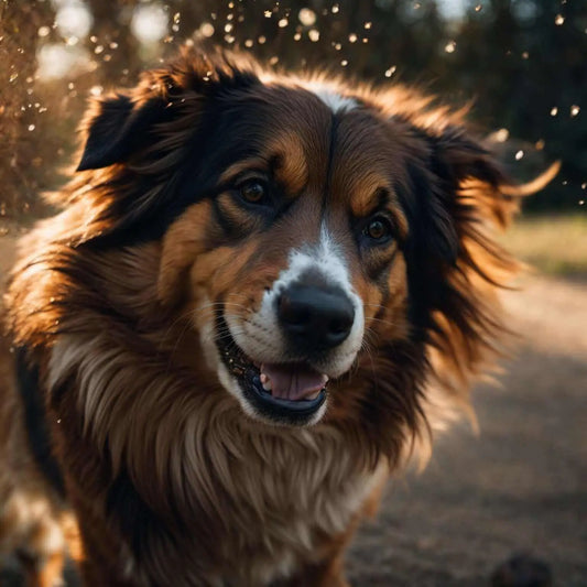 Happy Australian Shepherd enjoying playtime activities in sunlight with glowing brown fur.