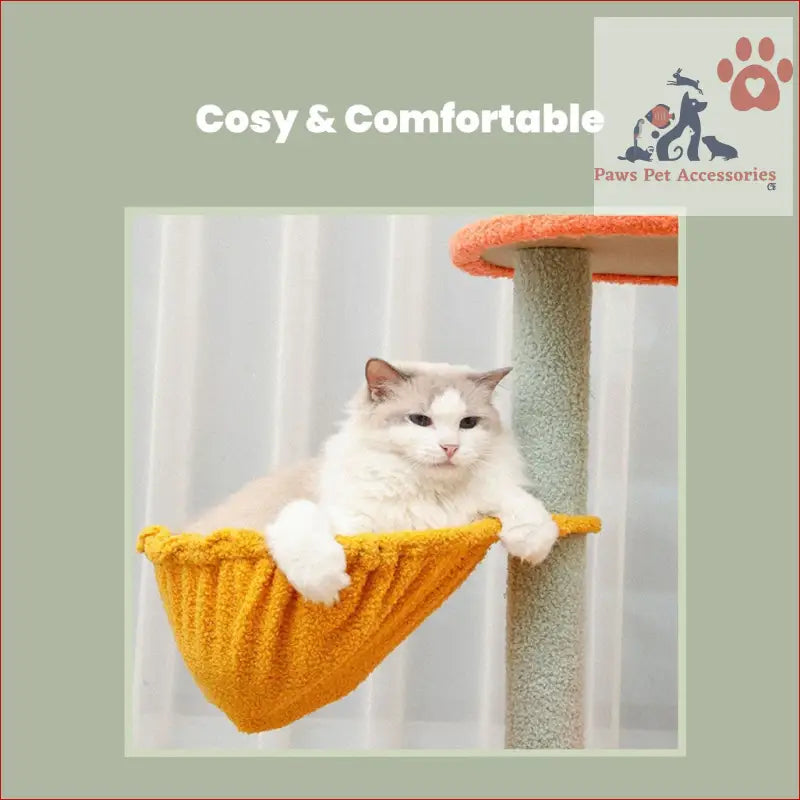 White cat chilling in orange hammock on Floofi 143cm Dinosaur Cat Condo