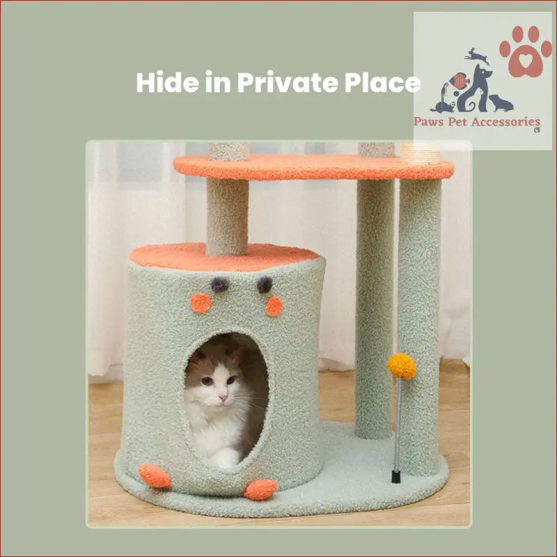 Mint green Floofi 143cm Dinosaur Cat Condo with orange accents and scratching post