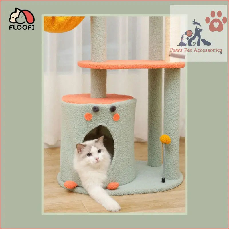 Cat tree with orange hideout in the Floofi 143cm Dinosaur Cat Condo for playful kitties