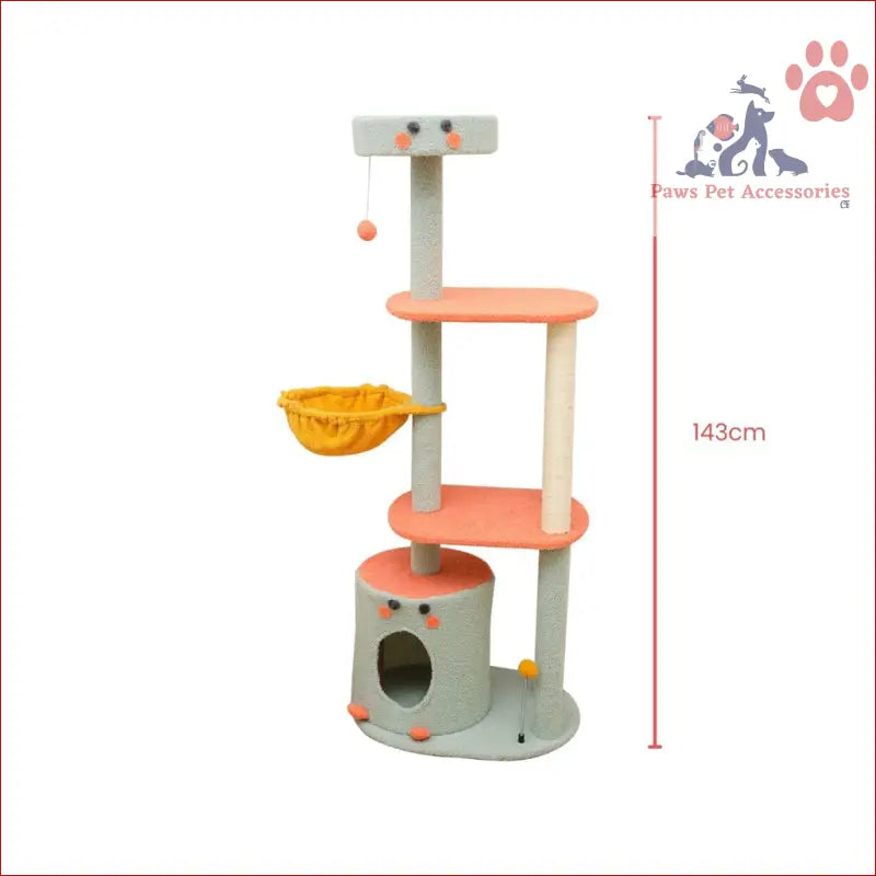 Multi-level Floofi 143cm Dinosaur Cat Condo with platforms, scratching posts, and toys