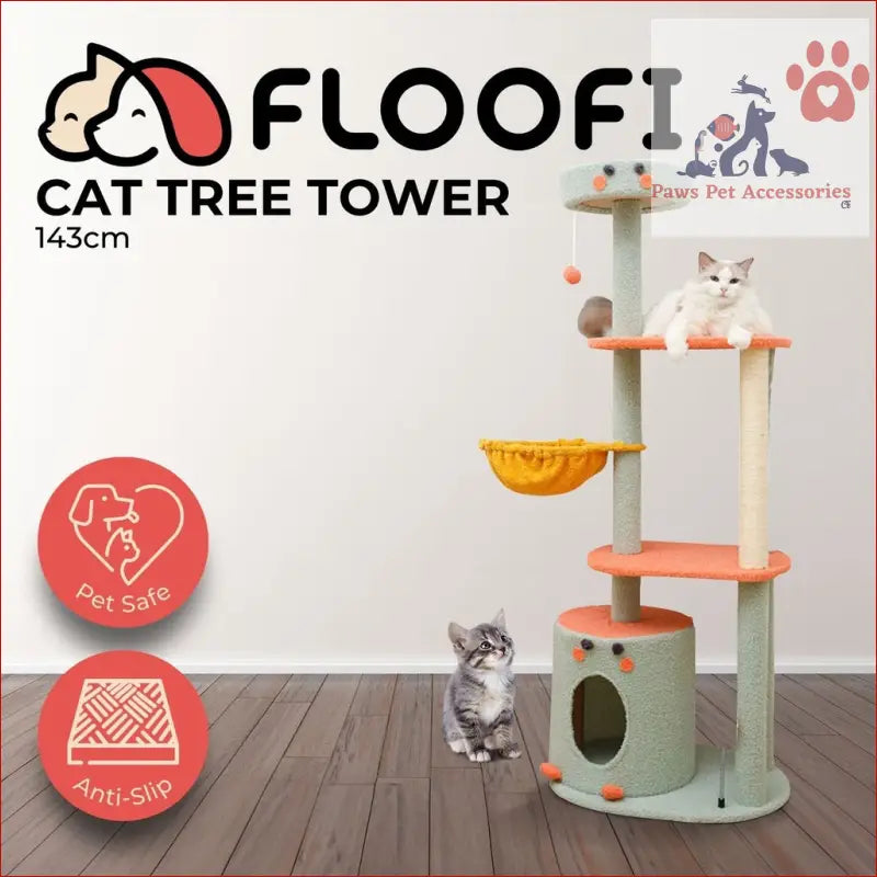 Stylish Floofi 143cm Dinosaur Cat Condo with hideaway, platforms, and scratching posts