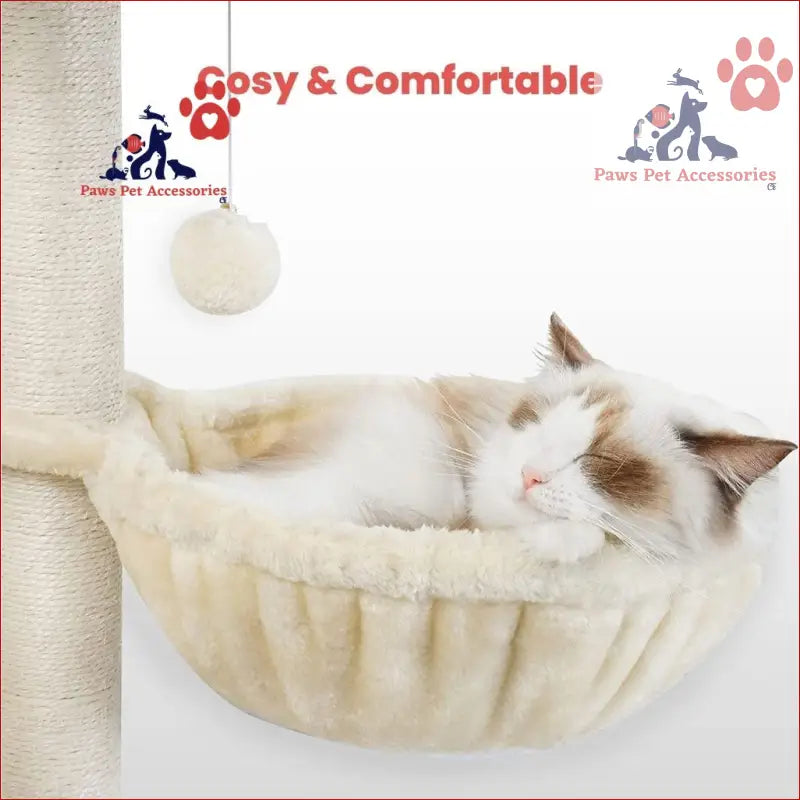 Sleeping cat in a cozy cream hammock on Floofi 97cm Adjustable Plush Cat Tree