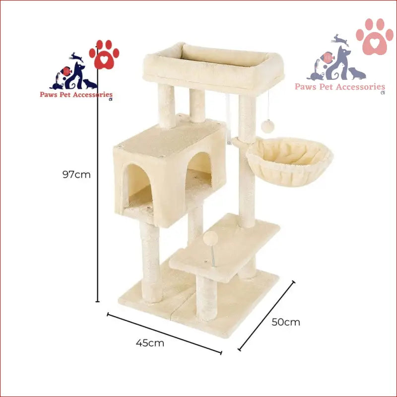 Multi-level Floofi 97cm Adjustable Plush Cat Tree in beige with platforms and a hammock