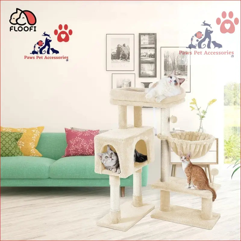 Multi-level Floofi 97cm Adjustable Base Plush Cat Tree in beige, perfect for cat playtime