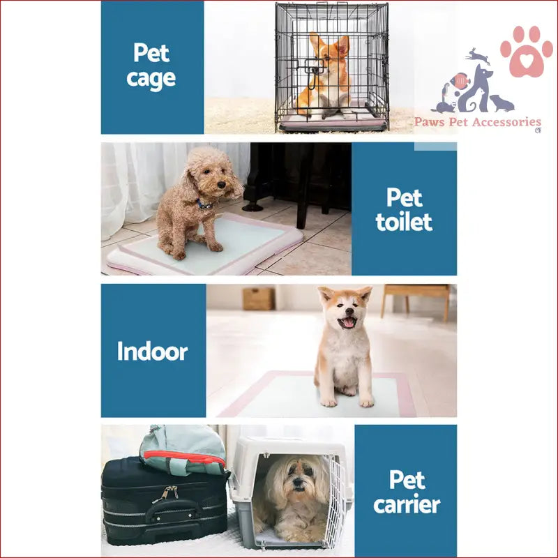 Collage of pet accessories including i.Pet Training Pads 200pcs 60x60cm for indoor pups