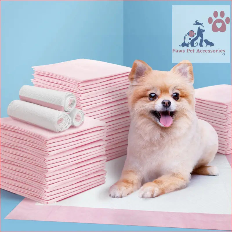 Happy Pomeranian relaxing next to i.Pet Pet Training Pads 200pcs 60x60cm in pink