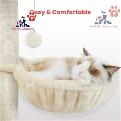 Sleeping cat in a cozy cream hammock on Floofi 97cm Adjustable Plush Cat Tree