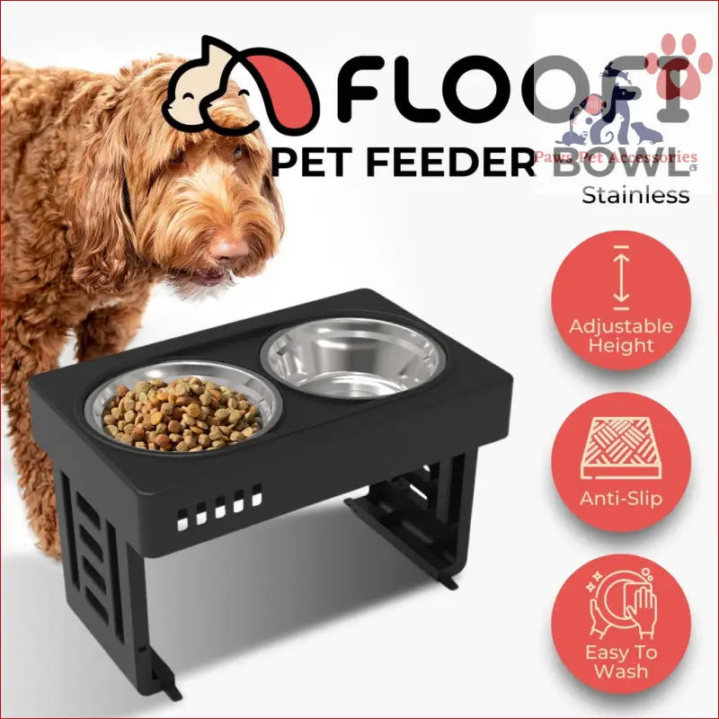 Elevated black stainless steel Floofi Elevated Pet Feeder with adjustable height and double bowls