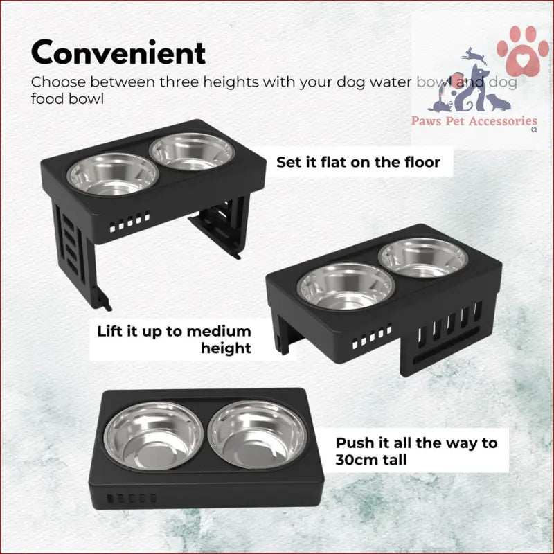 Adjustable height FLOOFI Elevated Pet Feeder with dual stainless steel bowls for pets