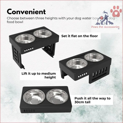 Adjustable height FLOOFI Elevated Pet Feeder with dual stainless steel bowls for pets