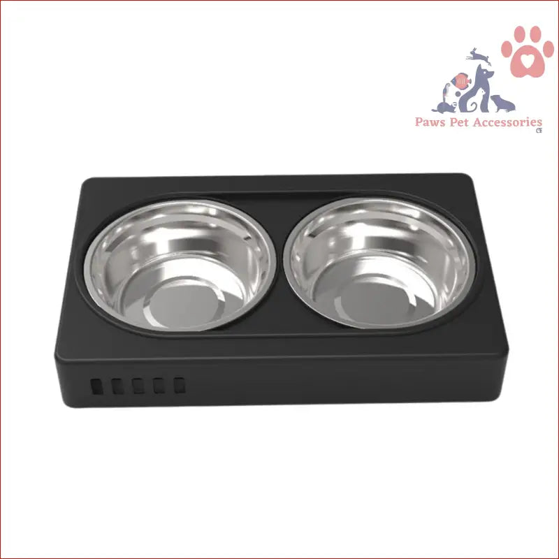 Double stainless steel bowls in a black base for the Floofi Elevated Pet Feeder