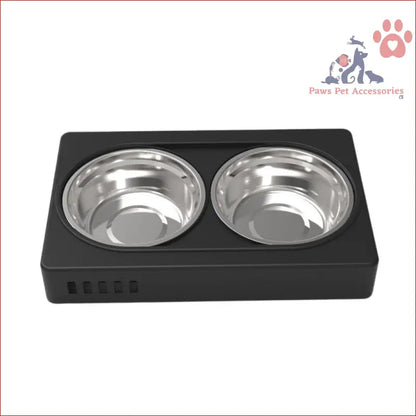 Double stainless steel bowls in a black base for the Floofi Elevated Pet Feeder