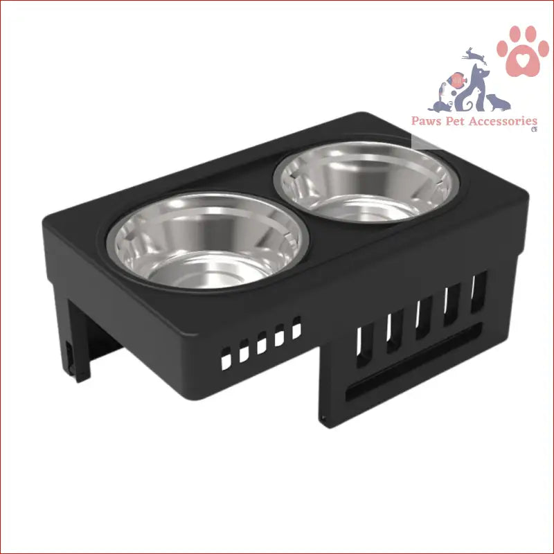 Black FLOOFI Elevated Pet Feeder with two stainless steel bowls and adjustable height