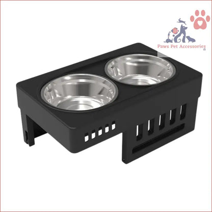 Black FLOOFI Elevated Pet Feeder with two stainless steel bowls and adjustable height