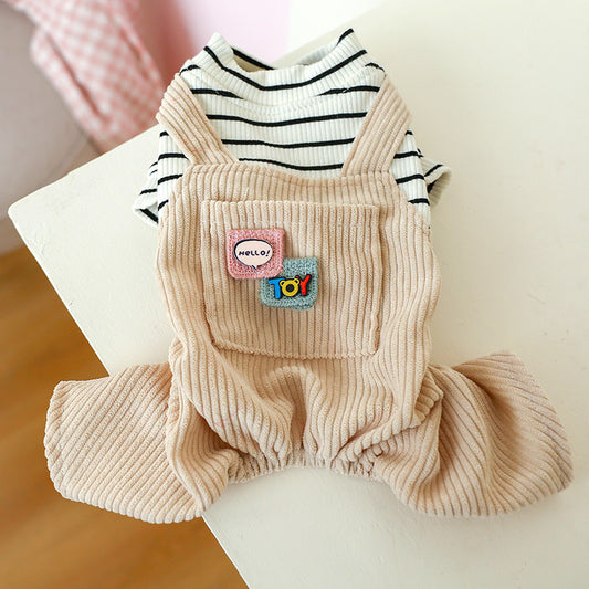 XS Black And White Striped Pocket Bib Pants Cute Four-Legged Dog Clothes - Spring/Summer Pet Outfit, Soft & Breathable